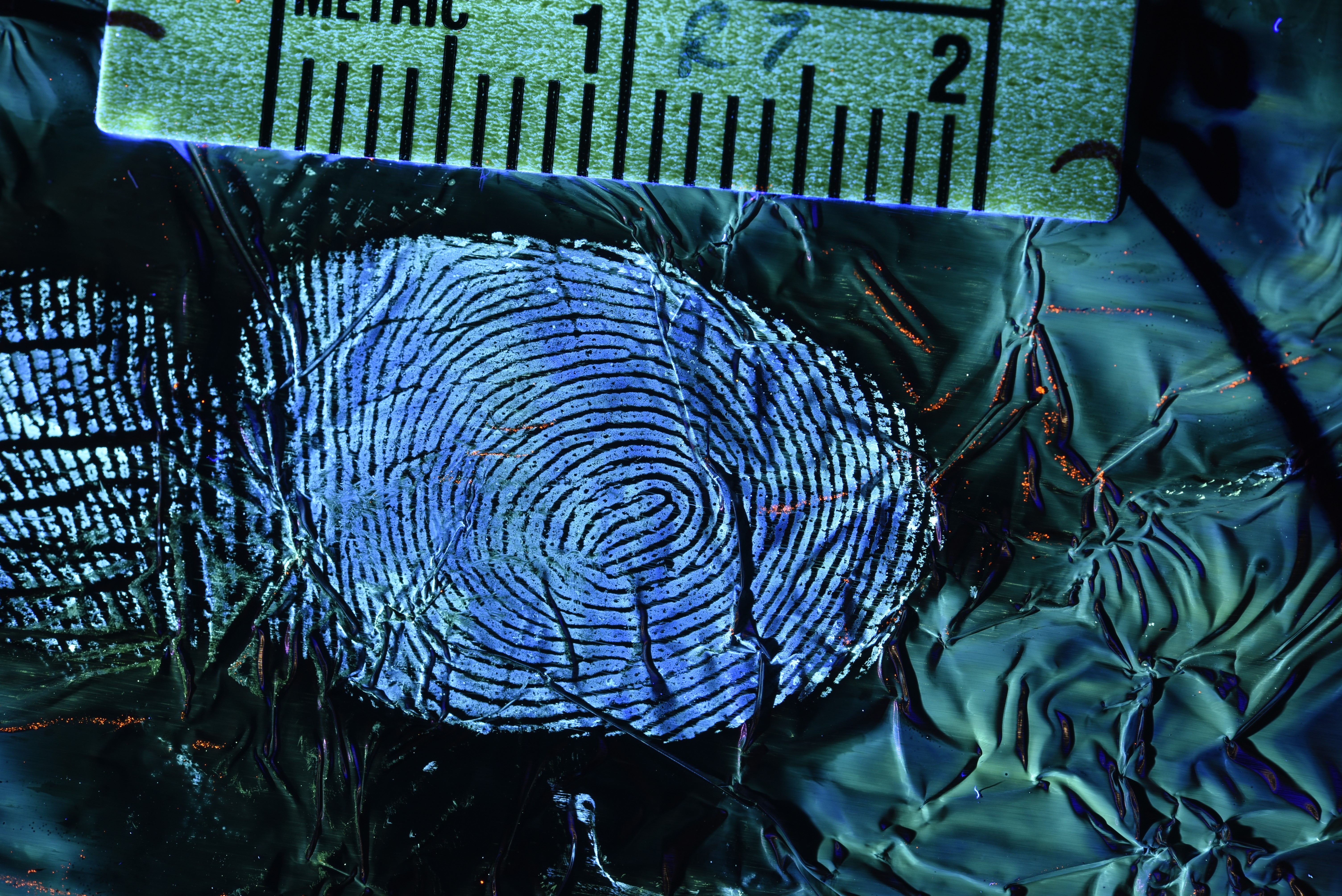 A fingerprint on alluminium foil photographed by Kristin Russell.