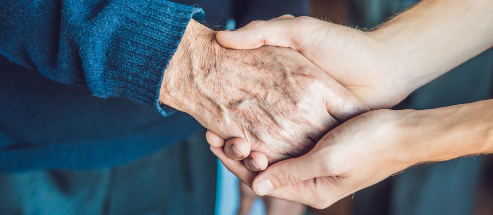 Une jeune personne tenant les mains d'une personne âgée.