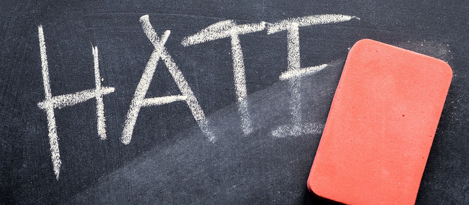 Chalkboard image of the word "HATE" being erased