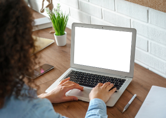 Adding information to an existing report: a woman using laptop to add information to her police report.