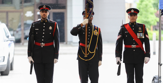 Photo of three members of the Ceremonial Guard standing at attention
