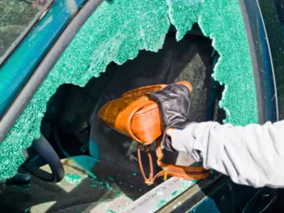 Person stealing a purse through a vehicle's broken window / Une personne en train de voler un sac à main par la vitre brisée d'un véhicule