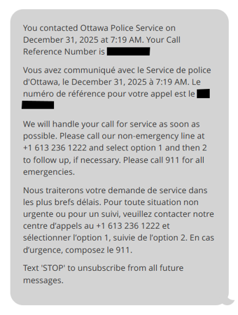 Screenshot of initial message provided to caller