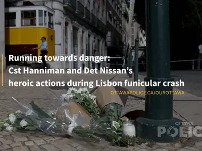 Cover photo, bouquet of flowers by the Lisbon crash site, with title of article.