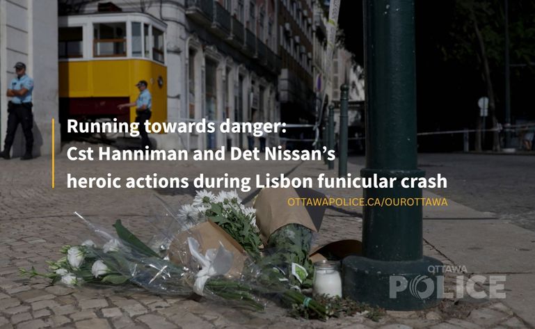 Cover photo, bouquet of flowers by the Lisbon crash site, with title of article.