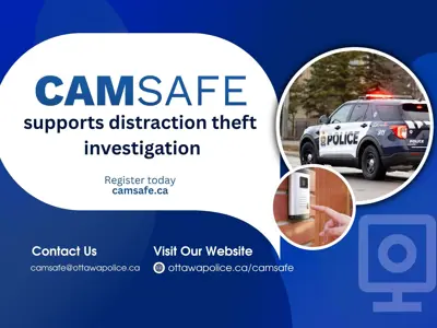 CAMSafe poster that reads : CAMSafe Supports Distraction Theft Investigation